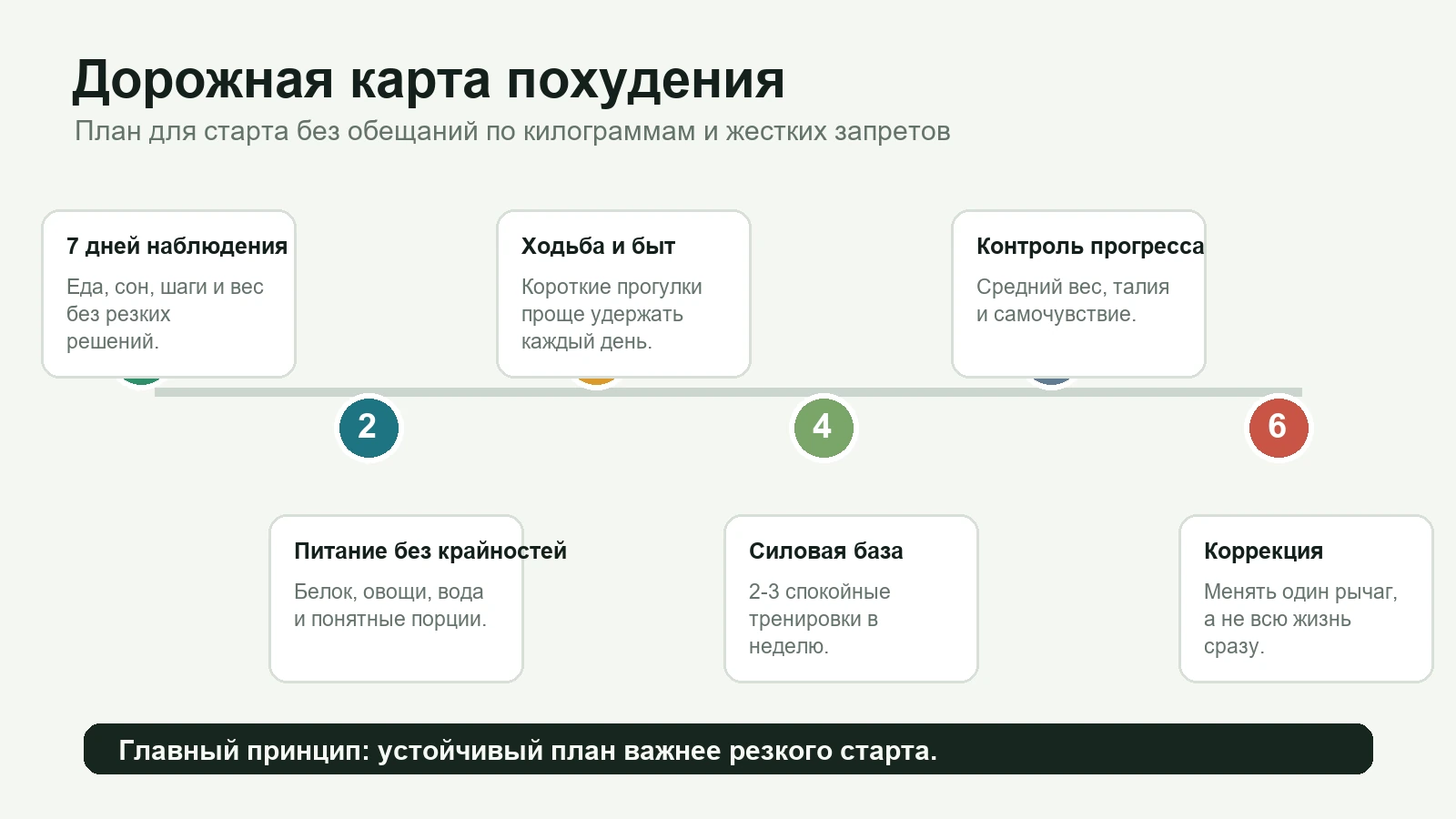 Дорожная карта безопасного похудения: наблюдение, питание, ходьба, силовые тренировки, контроль и коррекция