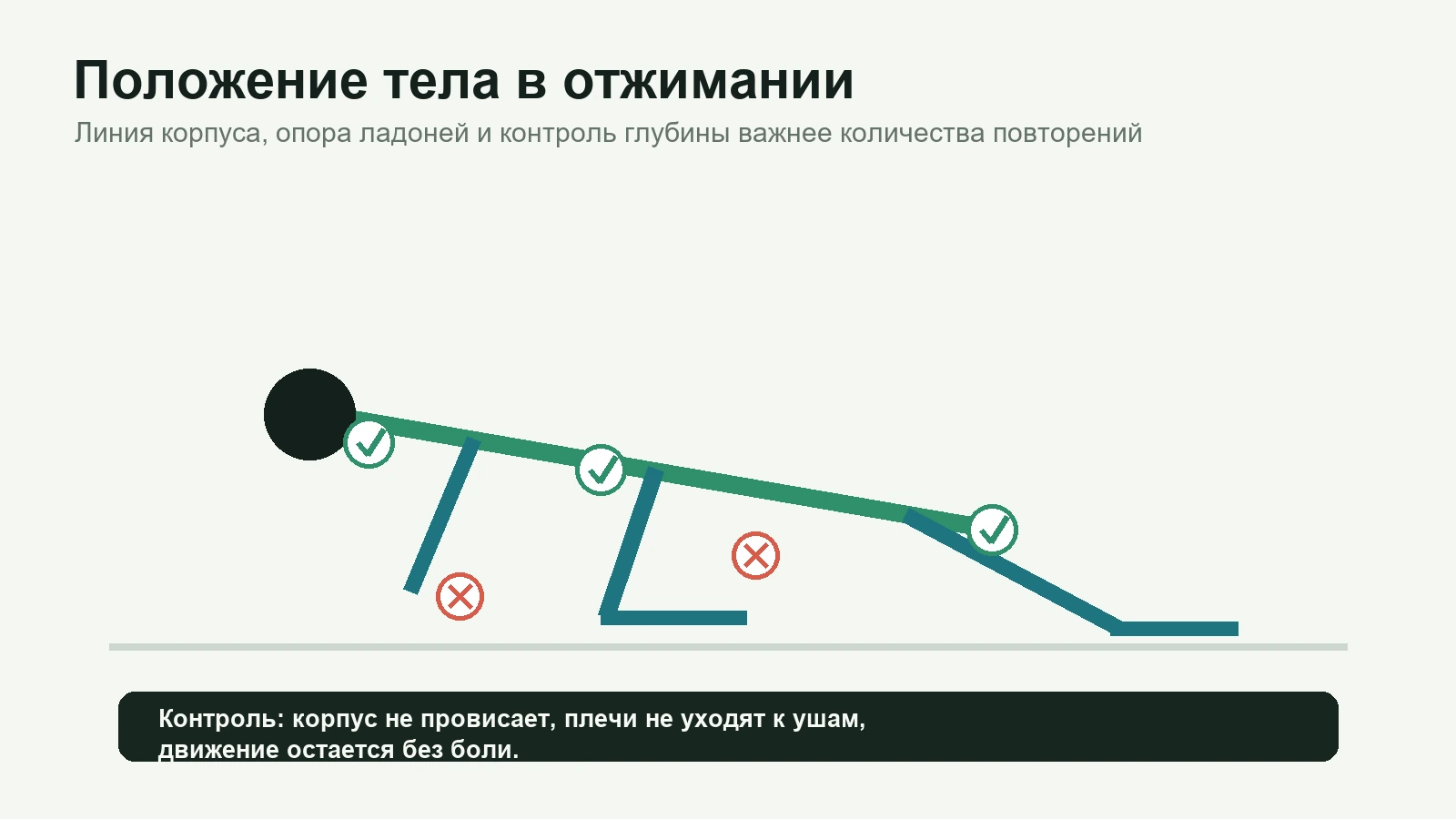 Схема положения тела в отжимании: ровный корпус, ладони под плечами, контроль глубины