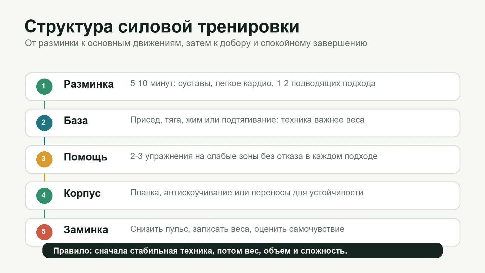 Схема структуры силовой тренировки: разминка, база, помощь, корпус и заминка
