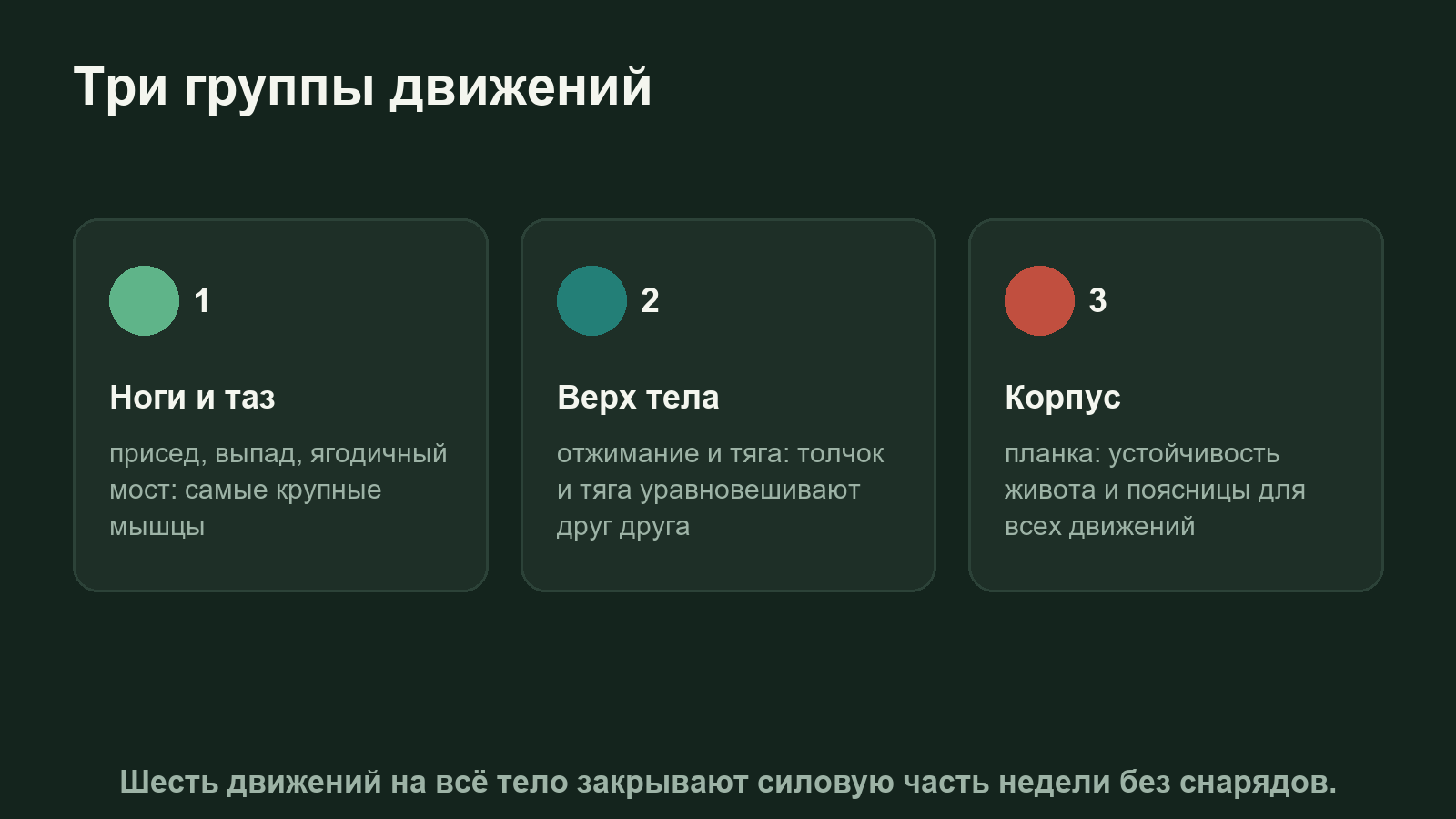 Три группы движений с собственным весом: ноги, верх тела и корпус