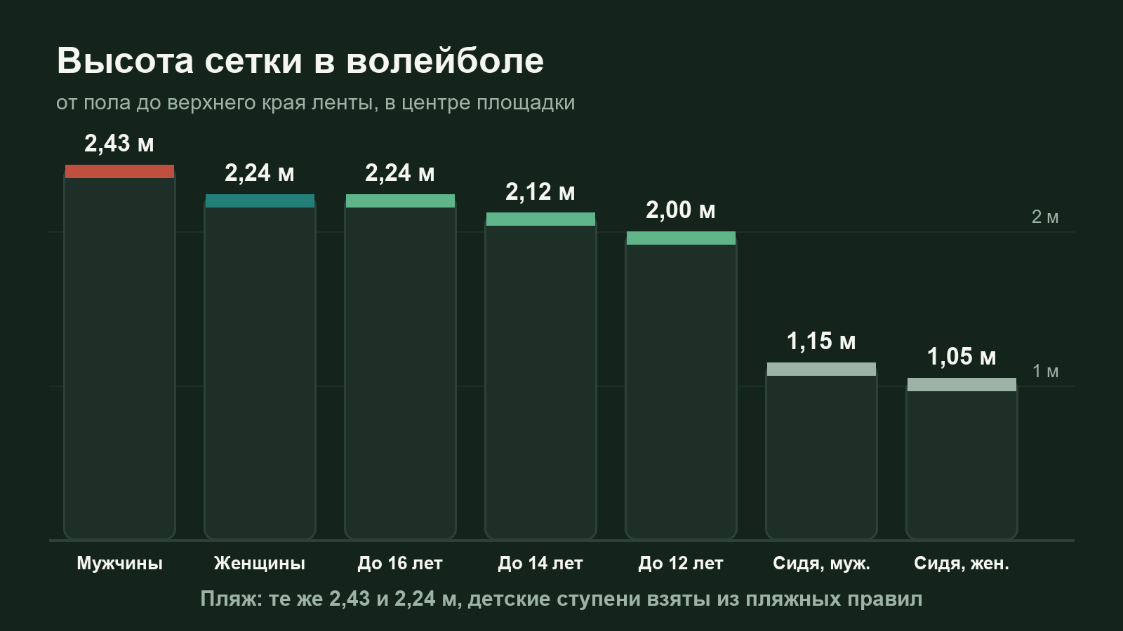 Схема: высота волейбольной сетки для мужчин, женщин, детей и в пляжном волейболе