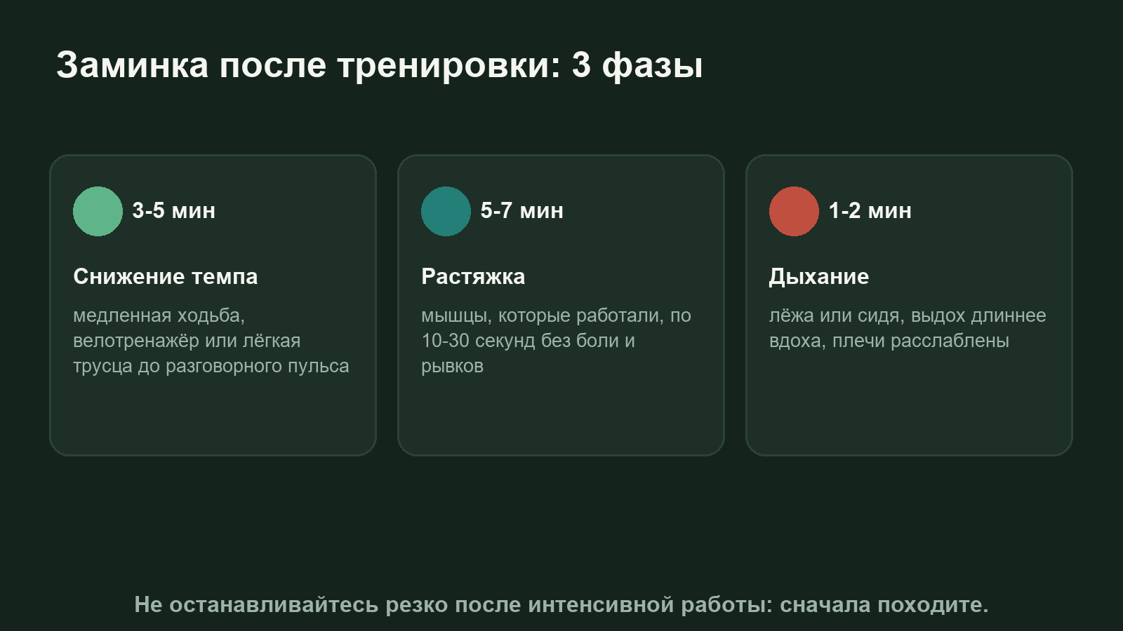 Схема: три фазы заминки после тренировки с временем каждой