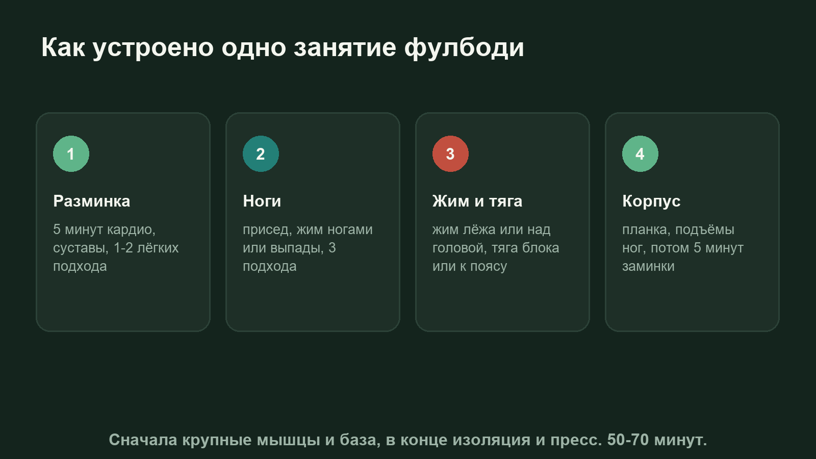 Схема одного занятия фулбоди: разминка, упражнение на ноги, жим, тяга, корпус и заминка