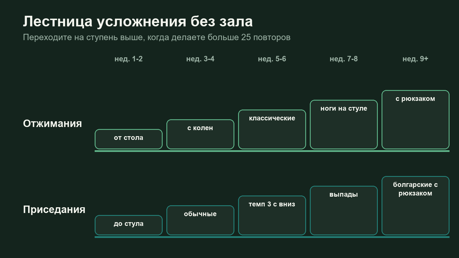 Лестница усложнения отжиманий и приседаний по неделям для набора массы дома