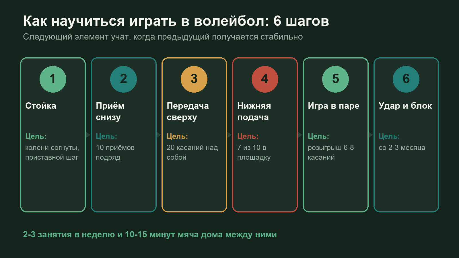 Схема шести шагов освоения волейбола: стойка, приём снизу, передача сверху, нижняя подача, игра в паре, удар и блок