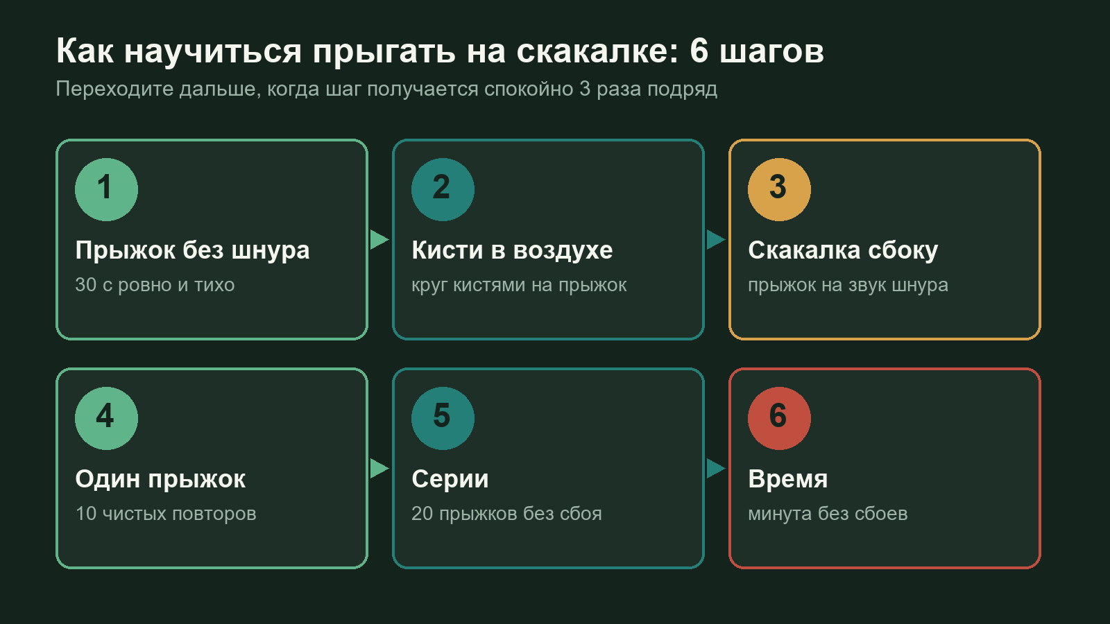 Схема: шесть шагов обучения прыжкам на скакалке с критерием перехода