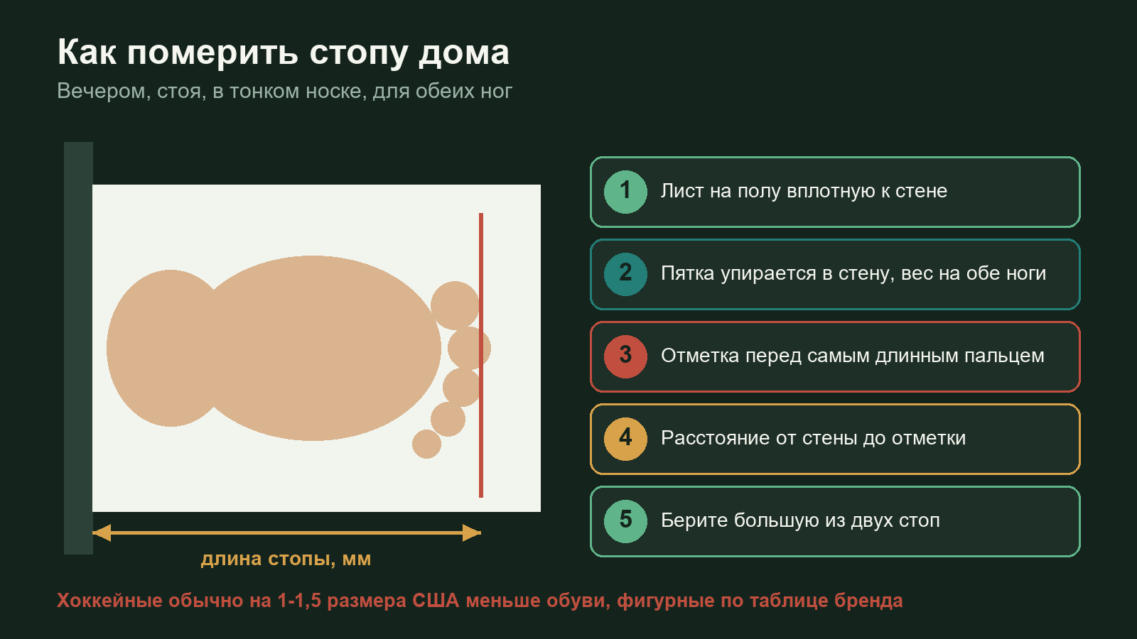 Схема: как измерить длину стопы дома с помощью листа бумаги и стены
