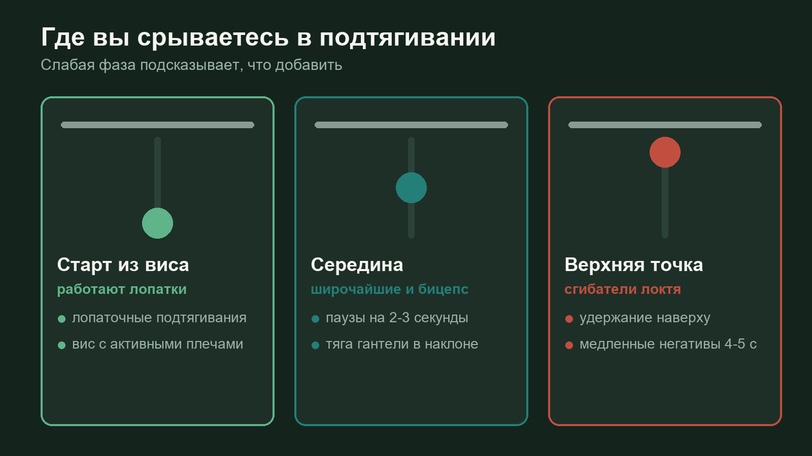 Схема трёх фаз подтягивания: старт из виса, середина, верхняя точка, и какие упражнения тренируют каждую фазу