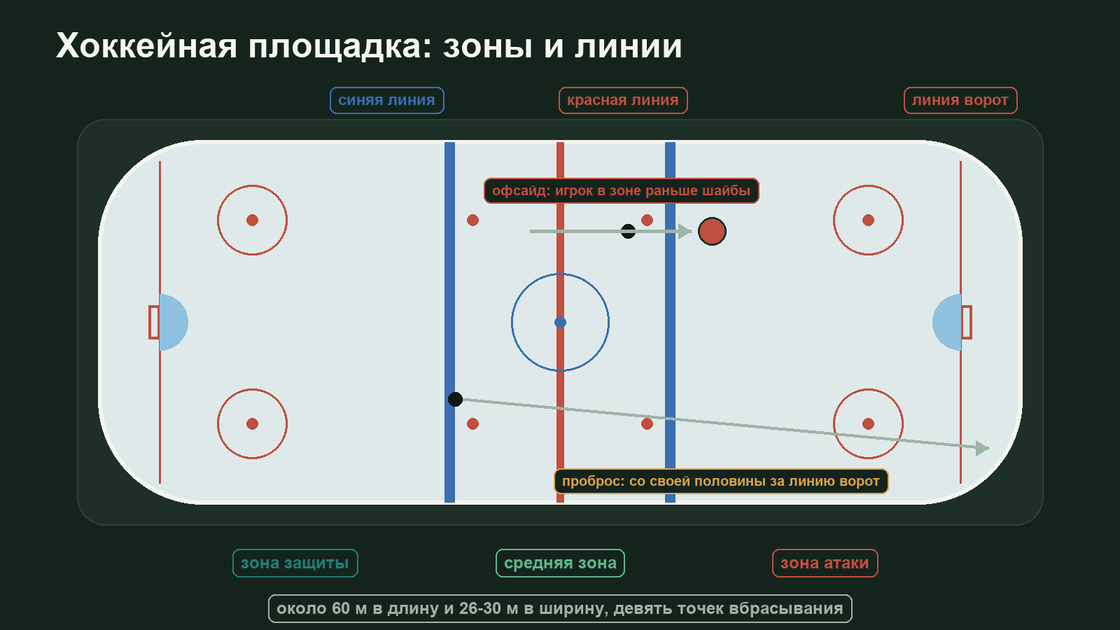 Схема хоккейной площадки сверху: три зоны, синие и красная линии, точки вбрасывания, офсайд и проброс