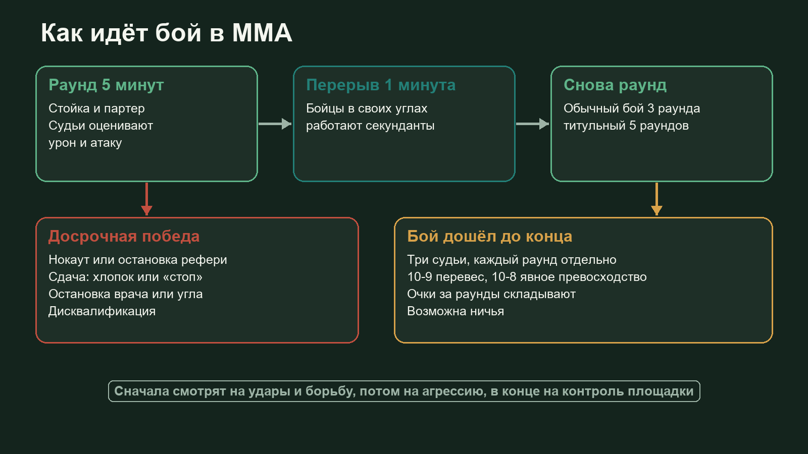 Схема хода боя в ММА: раунды по 5 минут, перерыв 1 минута, способы победы нокаутом, сдачей, остановкой и решением судей