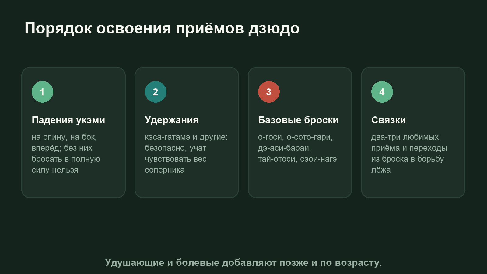 Схема: порядок освоения приёмов дзюдо от падений и удержаний к броскам и комбинациям