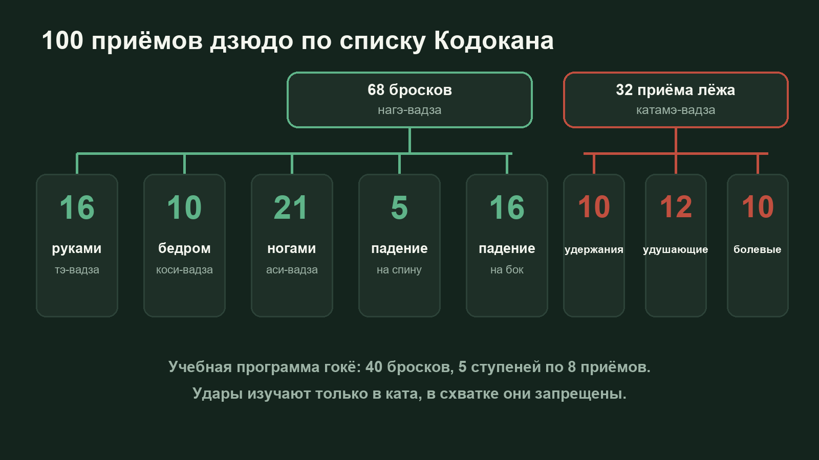 Схема: классификация 100 приёмов дзюдо на броски и борьбу лёжа с числом приёмов в каждой группе