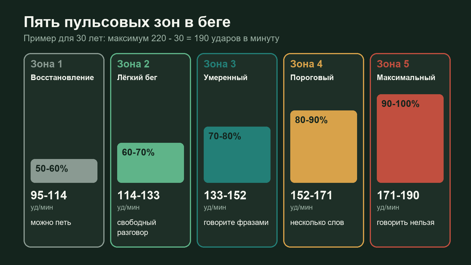 Схема пяти пульсовых зон при беге: проценты от максимума, ощущения и пример в ударах для 30 лет