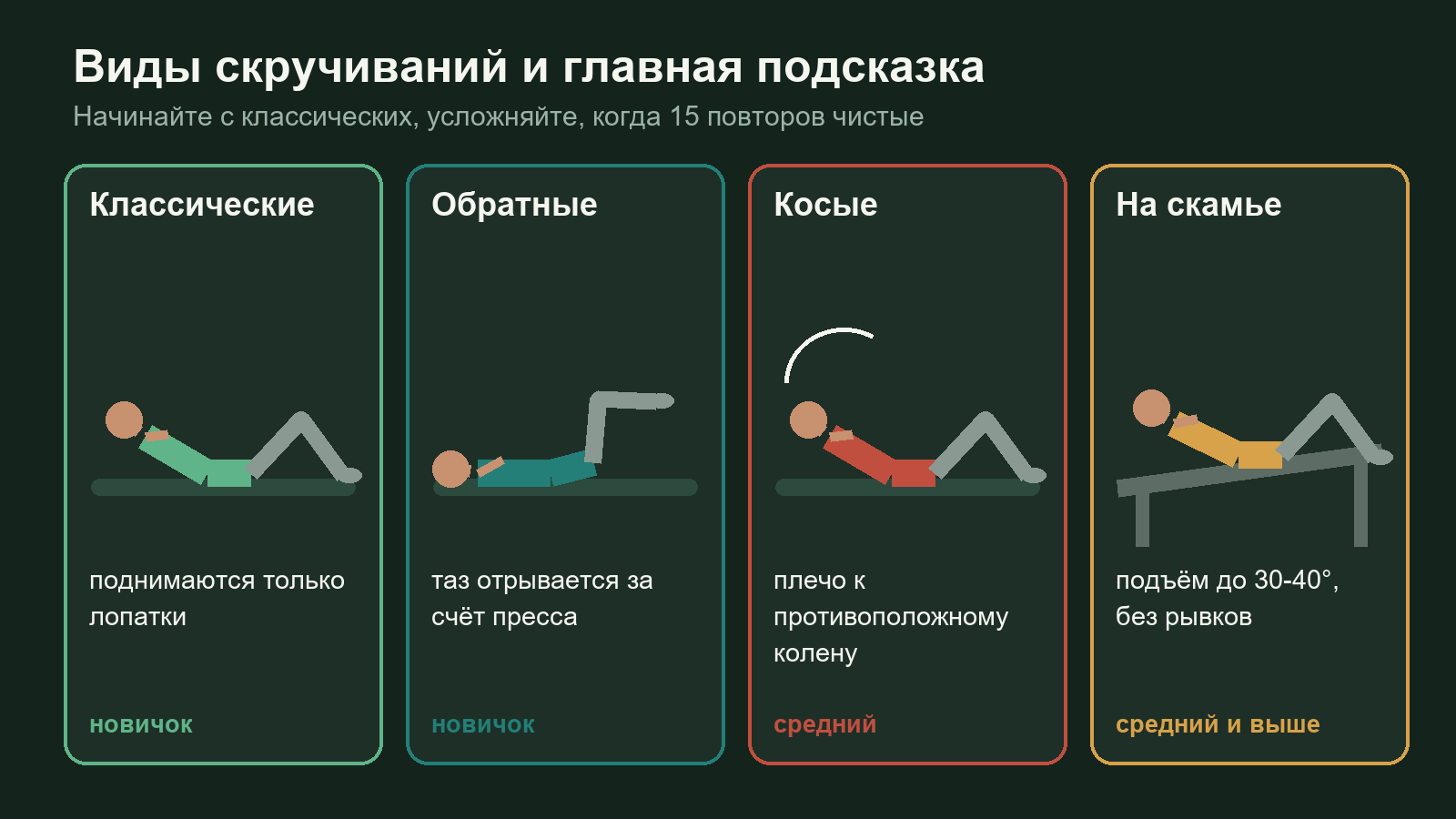 Схема четырёх видов скручиваний: классические, обратные, косые и на наклонной скамье, с подсказками по технике
