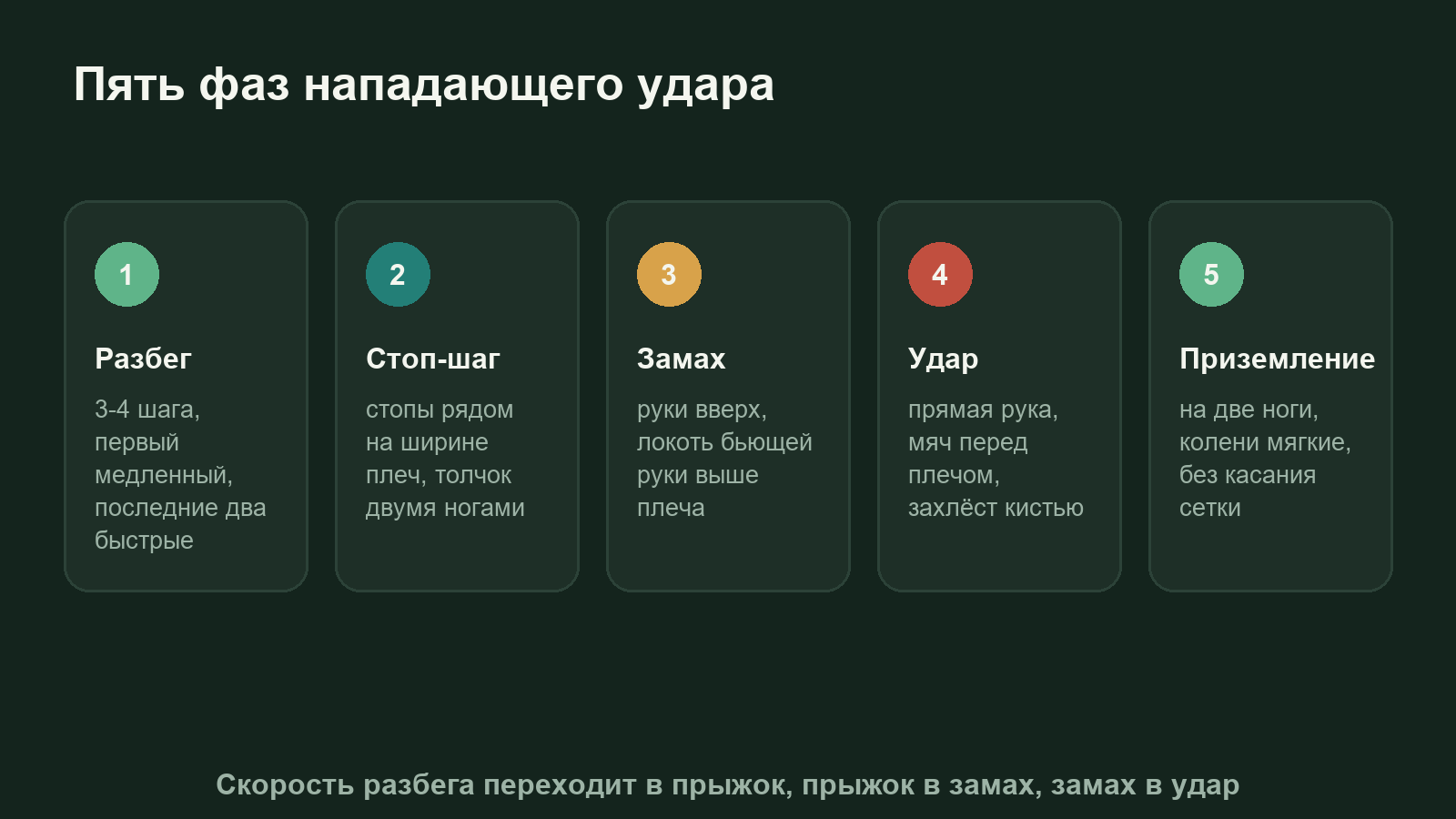 Схема пяти фаз нападающего удара в волейболе: разбег, стоп-шаг, замах, удар по мячу и приземление