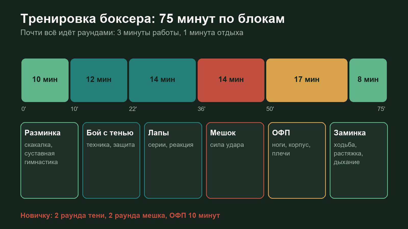 Схема тренировки боксера на 75 минут: разминка, бой с тенью, лапы, мешок, ОФП и заминка по времени