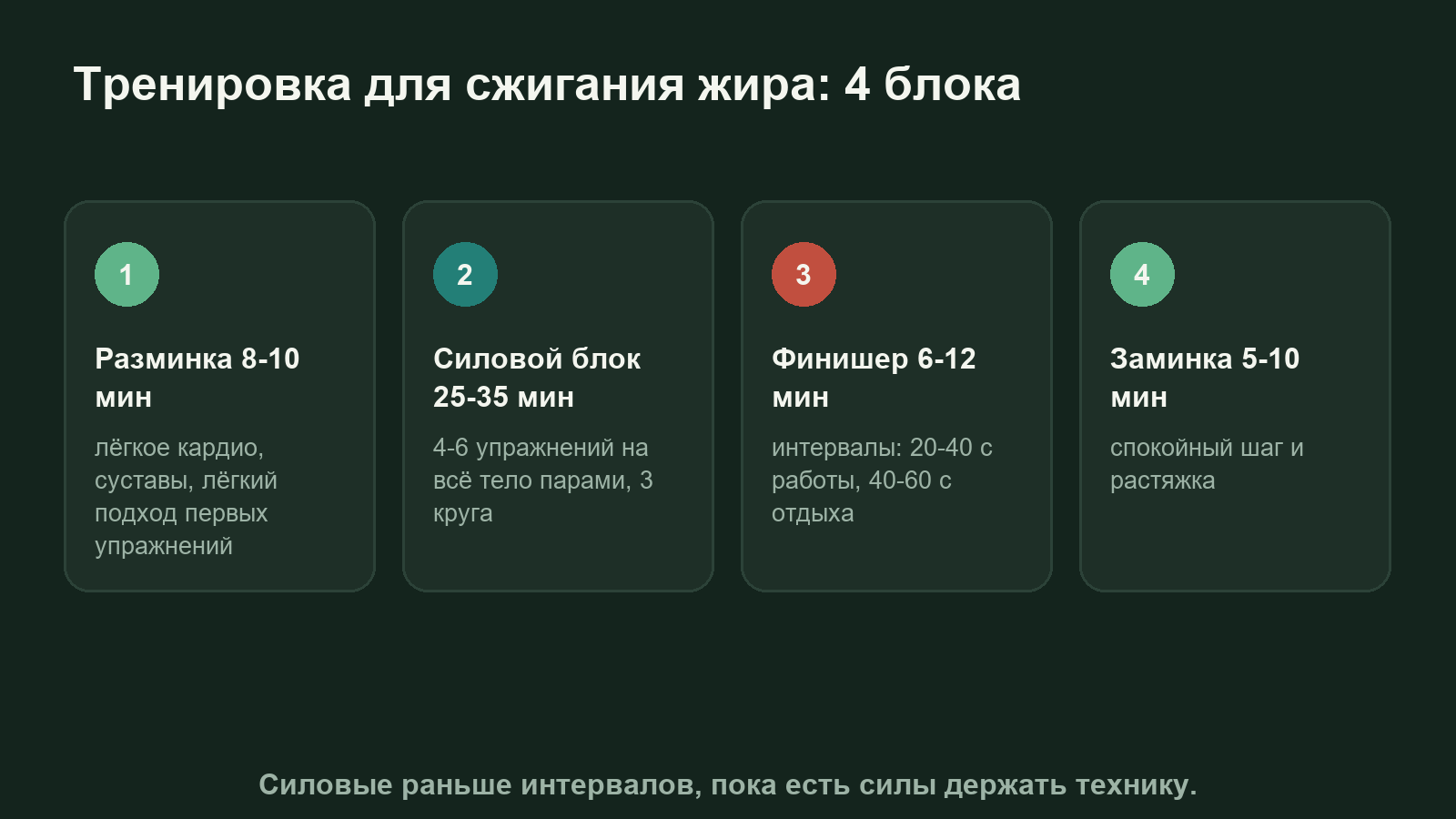 Схема тренировки для сжигания жира: разминка, силовой блок, интервальный финишер и заминка с минутами