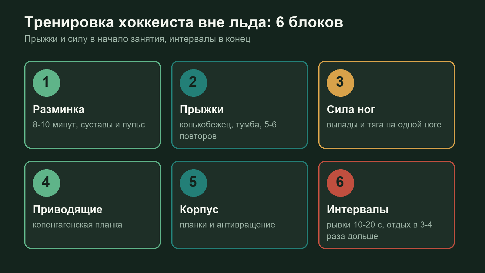 Схема: шесть блоков тренировки хоккеиста вне льда