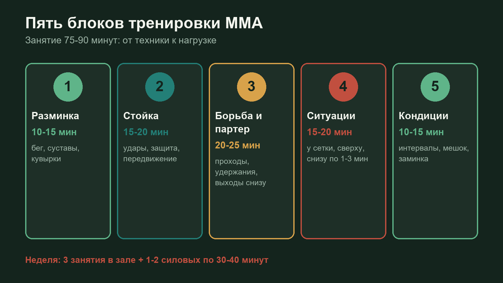 Схема: пять блоков тренировки ММА и время на каждый блок