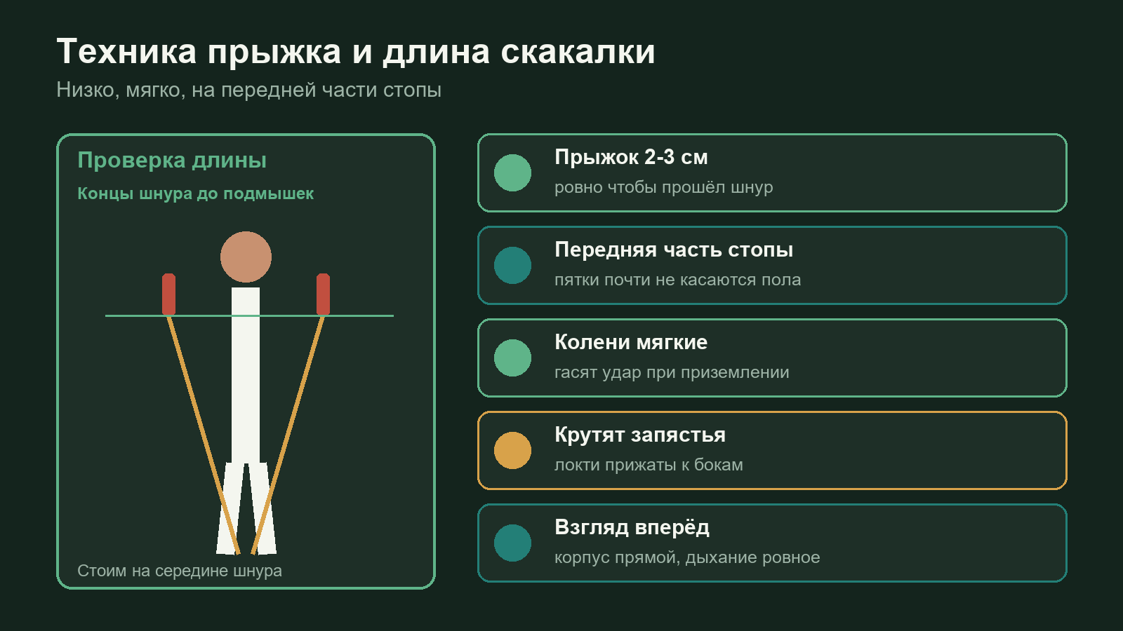 Схема: техника прыжка на скакалке и подбор длины шнура