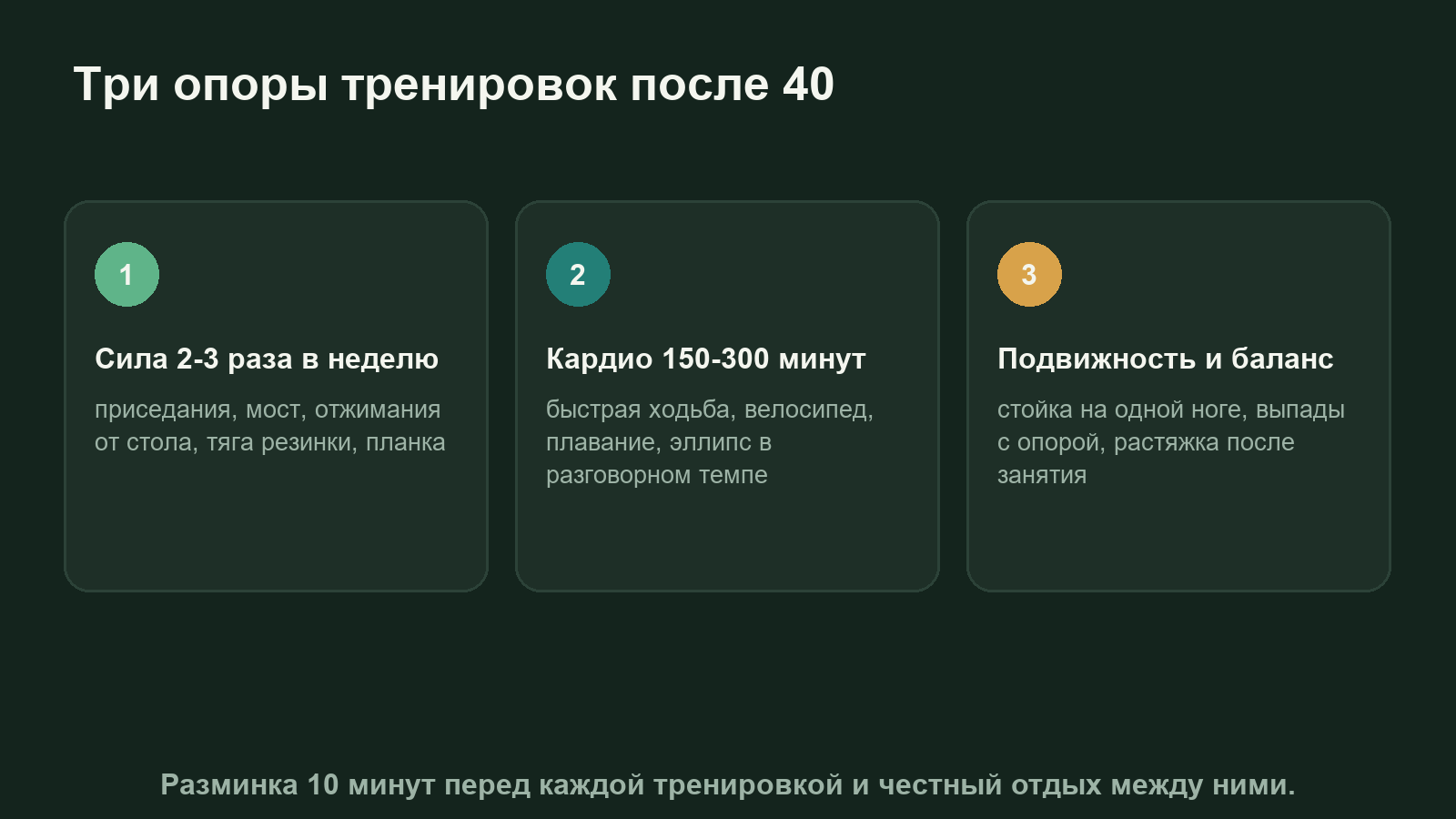 Три опоры тренировок после 40: силовые, кардио, подвижность и баланс с примерами упражнений