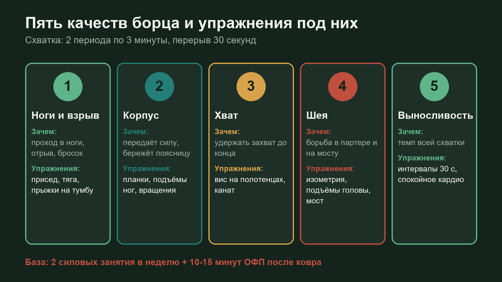 Схема: пять физических качеств борца и упражнения под каждое