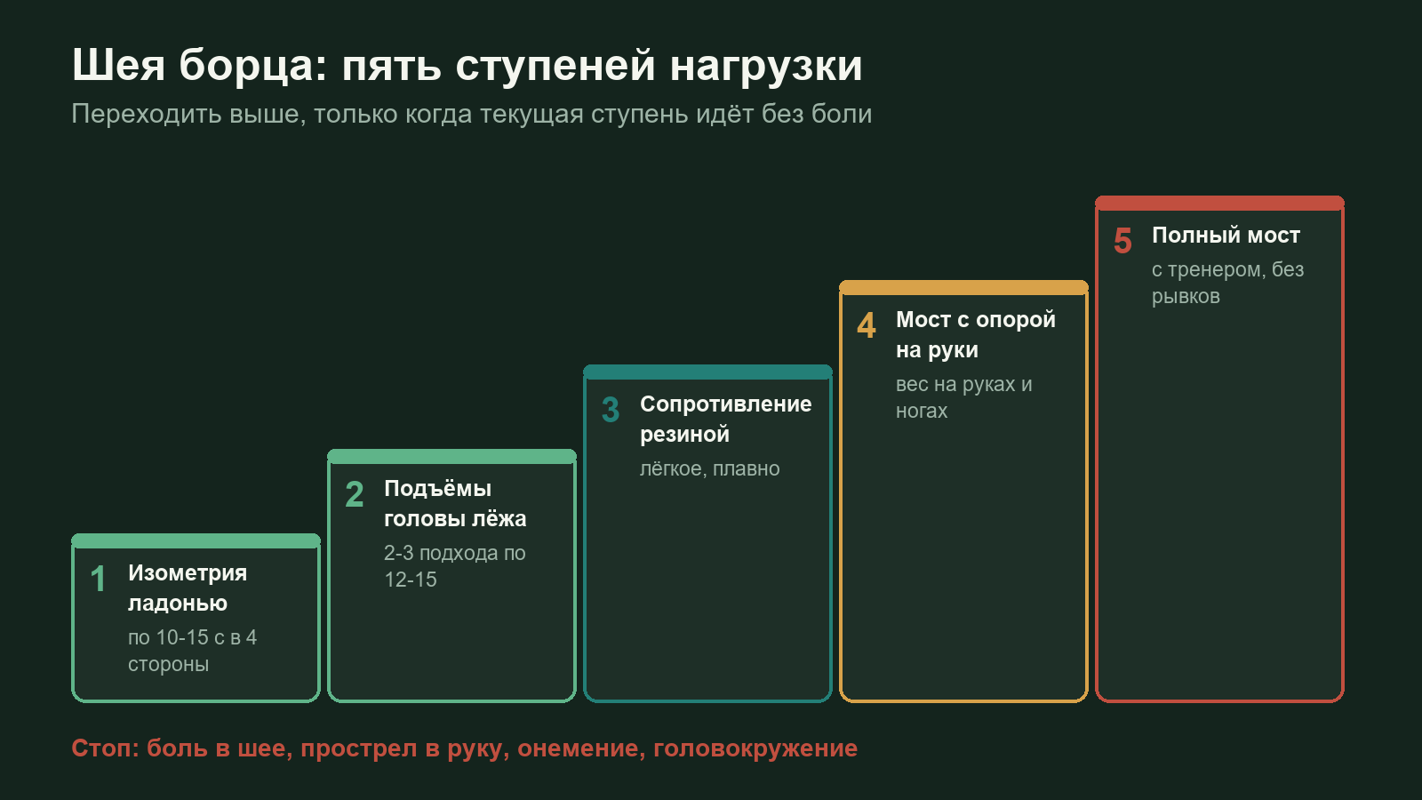 Схема: пять ступеней упражнений на шею для борца от изометрии до моста