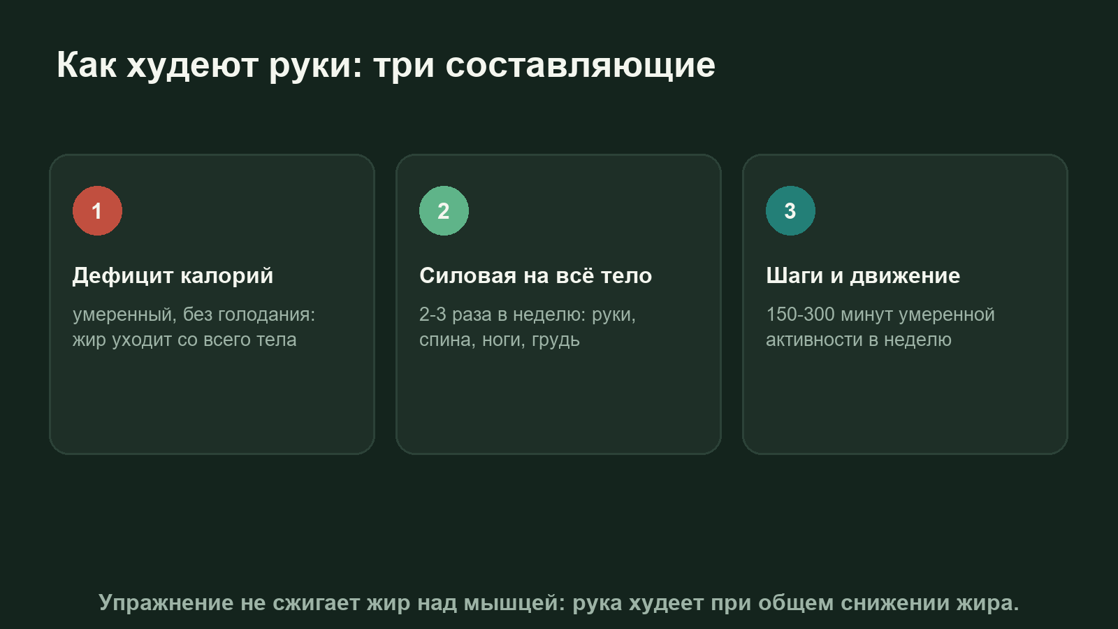 Схема: три составляющие похудения рук: дефицит калорий, силовая работа на всё тело и ежедневные шаги