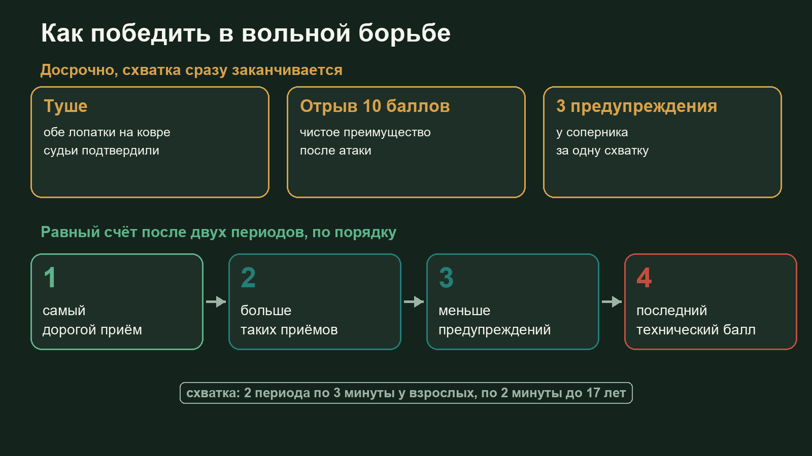Схема путей к победе в вольной борьбе: туше, отрыв 10 баллов, три предупреждения и порядок решения ничьей